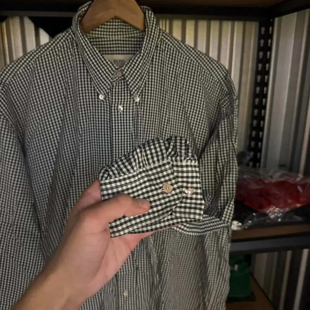 Hugo Boss Men’s Gingham Check Button Down Dress Shirt Black White